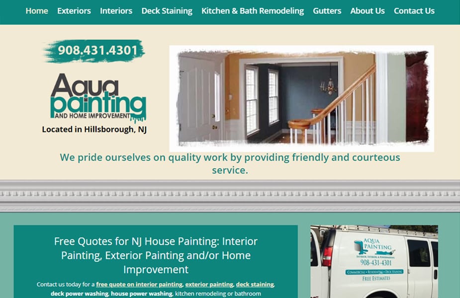 screenshot of Aqua Painting's homepage of their website