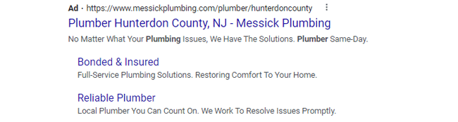 Google Search Ad for Messick Plumbing